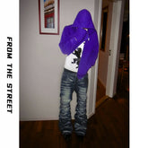 From THE STREET Street Ice Blue Cracked Washed Buckle Cat Beard Tie Flower Skinny Jeans