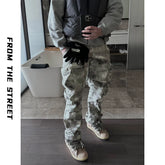 From Street American Street Snowflake Camouflage 3D Multi Pocket Zipper Work Pants Loose Straight Leg Wide Leg Pants