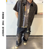 From THE STREET, retro streetwear, checkered short sleeved shirt, men's summer collar shirt, men's