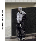 From THE STREET, street washed, worn, embroidered, zippered cardigan, hooded sweatshirt, jacket