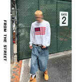 From the street, American casual print texture, Waffle plaid, heavy weight, short width, loose fit, men's and women's long sleeved base T-shirt, men's