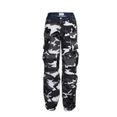 Black and white camouflage denim spliced waist, multi pocket shell pants, cargo pants, work pants for men from the street