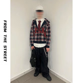 From THE STREET, American style fabric patch embroidered plaid boxy hooded cardigan sweatshirt jacket from the street