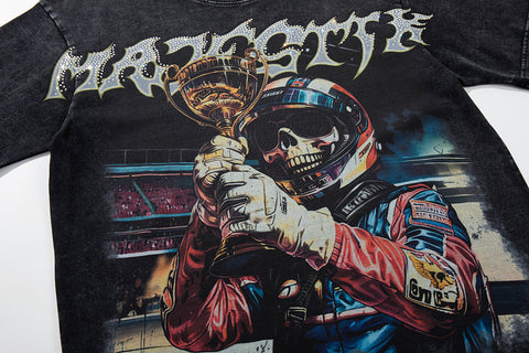 Majestik “Victory Lap” Racing Skeleton Rhinestone Vintage Tee（Black）