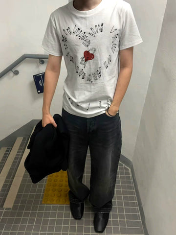 From Street American Versatile Love Pin Shoulder Short Fit Short Sleeve T-shirt Base Versatile Men's and Women's Summer