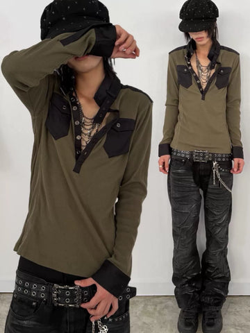 From THE STREET Street Texture Knitted Early Autumn Slimming Splicing Bottom Shirt Henry Collar Hoodie