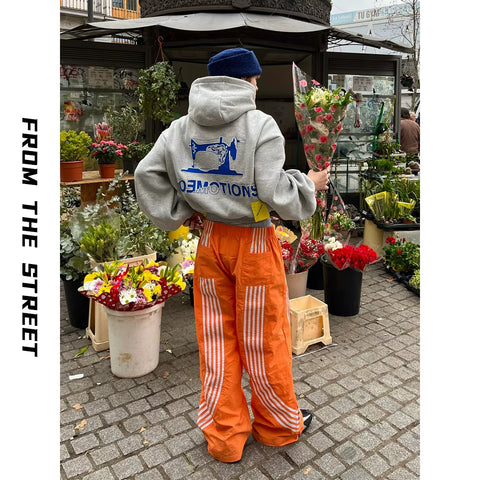 From the street, spring and summer American retro loose straight leg sports pants for men and women, striped wide leg nylon couple pants, trendy