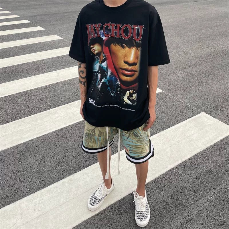 Jay Chou Album White Ink Direct Spray VTG Short Sleeve Summer Versatile American High Street Heavy Cotton Half Sleeve T-shirt