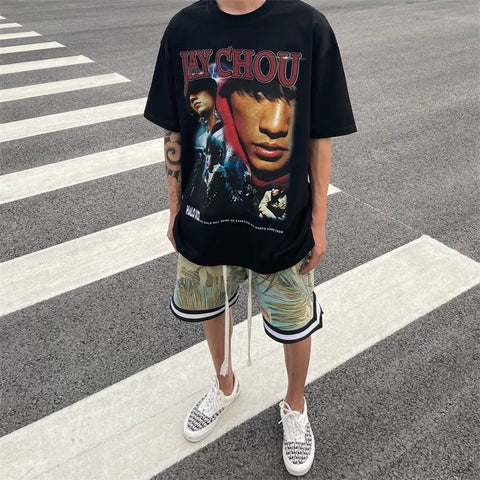 Jay Chou Album White Ink Direct Spray VTG Short Sleeve Summer Versatile American High Street Heavy Cotton Half Sleeve T-shirt