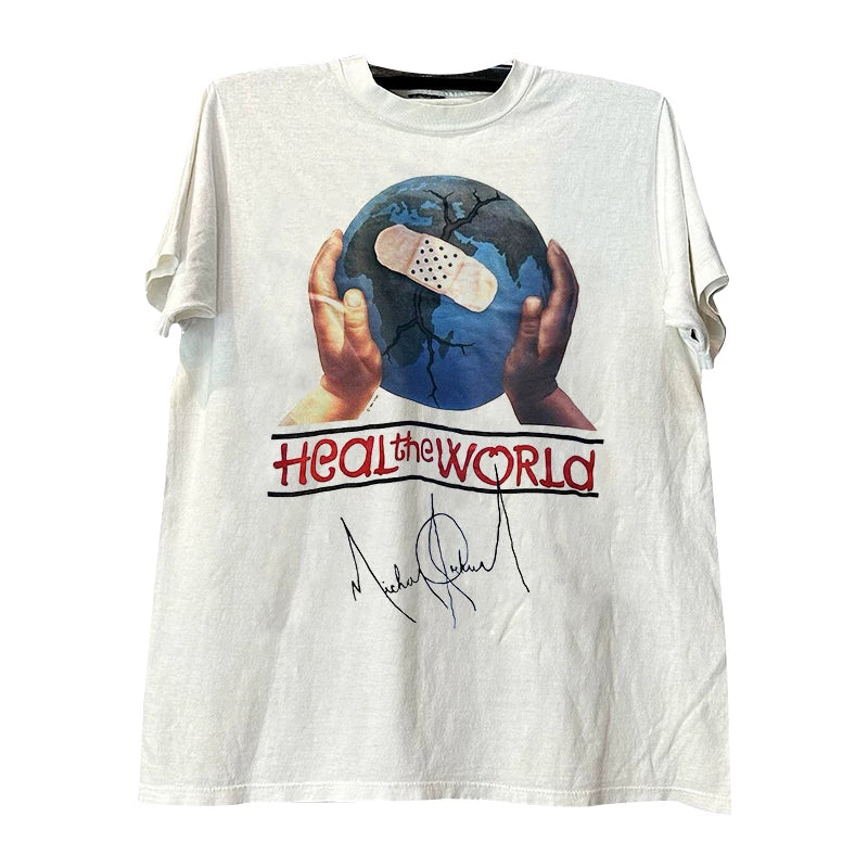 Heal the World Michael Jackson Album Cover Short Sleeve T-shirt Vintage Handsome Half Sleeve Trendy