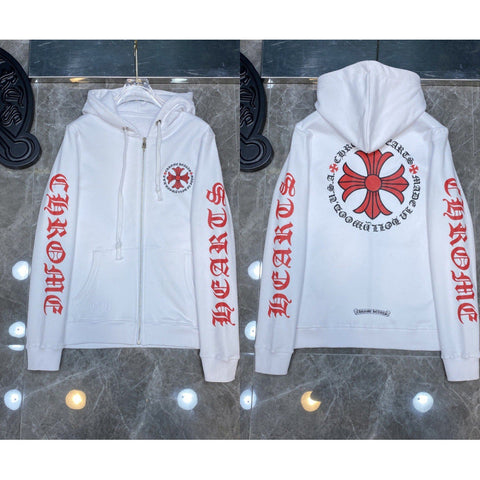 Chrome Hearts Red Scroll & Cross Zip-Up Hoodie (White)