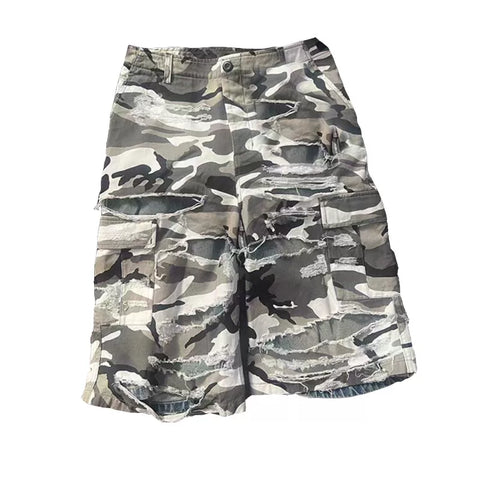 Same style loose washed ripped denim shorts from street capper, hip-hop wide leg shorts, camouflage cropped pants