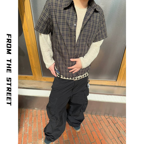 From THE STREET, retro streetwear, checkered short sleeved shirt, men's summer collar shirt, men's