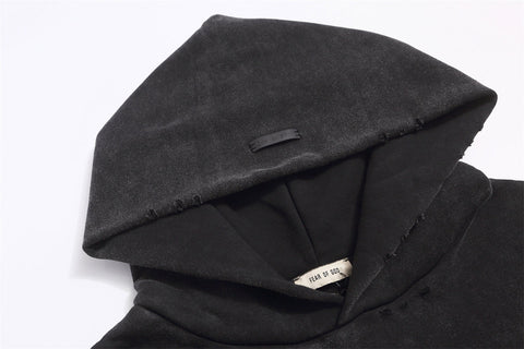 FEAR OF GOD FOG Main Line Cracked Letter Print Washed Ripped Fleece‑Lined Unisex Hoodie