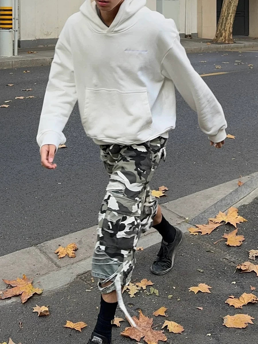 Same style loose washed ripped denim shorts from street capper, hip-hop wide leg shorts, camouflage cropped pants