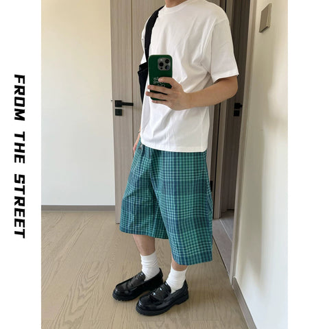 Japanese retro blue checkered shorts from the street, men's loose straight leg summer versatile casual five inch shorts ins