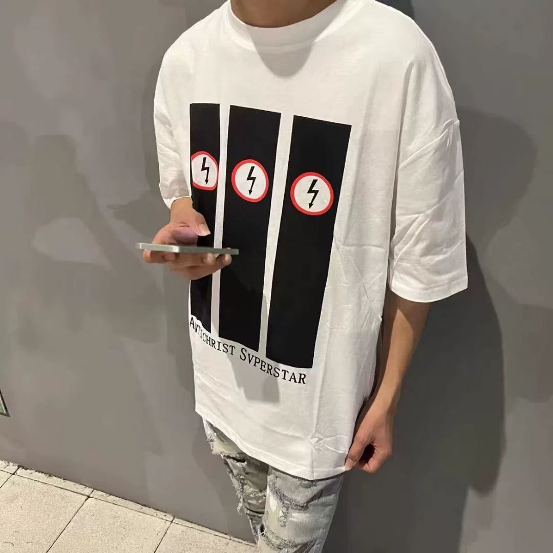 VTG Lightning Manson Fog Short Sleeve White Ink Direct Spray Printed High Street Retro Loose 320g Heavy Half Sleeve T-shirt Trendy