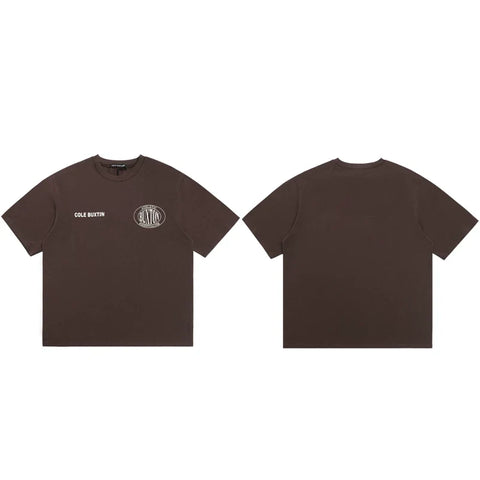 Cole Buxton Brown Circular Badge Minimalist Logo T-Shirt