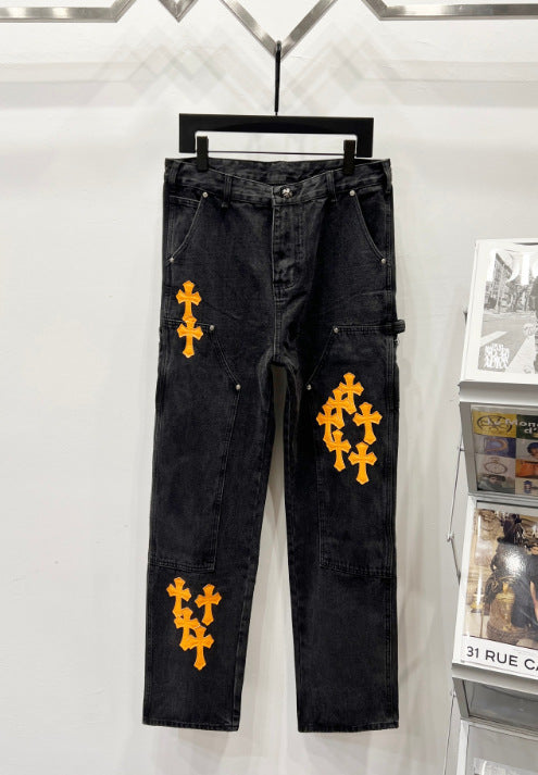 Chrome Hearts Black & Vibrant Orange Cross Patch Denim Jeans
