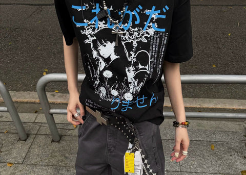 TSAOOJ Shibuya Girls 320g Heavy Cotton Retro Direct Spray Printed Short Sleeve T-shirt Cleanfit