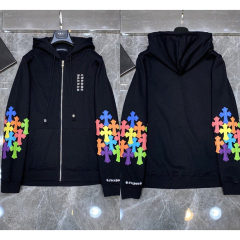 Chrome Hearts Multi-Color Cross Sleeve Zip-Up Hoodie (Black)