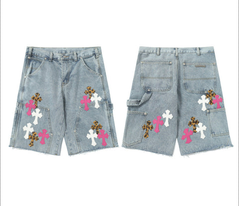 Chrome Hearts Light Blue & Pink-White Leopard Cross Patch Denim Shorts