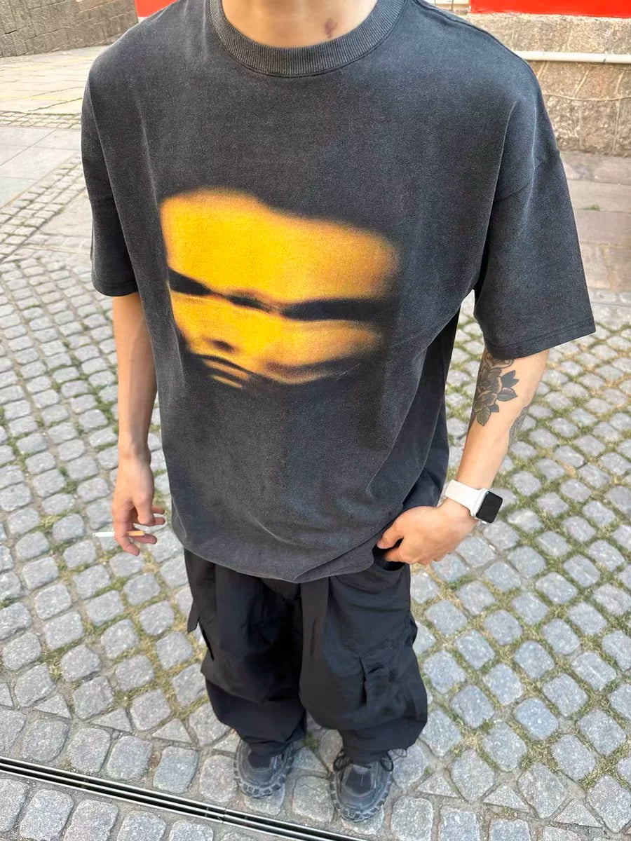 TSAOOJ VINTAGE Washed Unreal Ghost Portrait Printed T-shirt for Summer Niche Cleanfit Short Sleeves