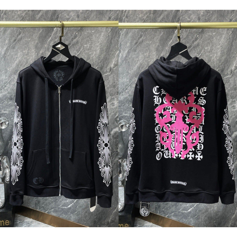 Chrome Hearts Pink Complex Scroll & Cross Zip-Up Hoodie (Black)