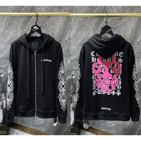 Chrome Hearts Pink Complex Scroll & Cross Zip-Up Hoodie (Black)