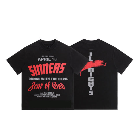 FEAR OF GOD FOG Letter Print Retro Black Crew Neck Short Sleeve Tee