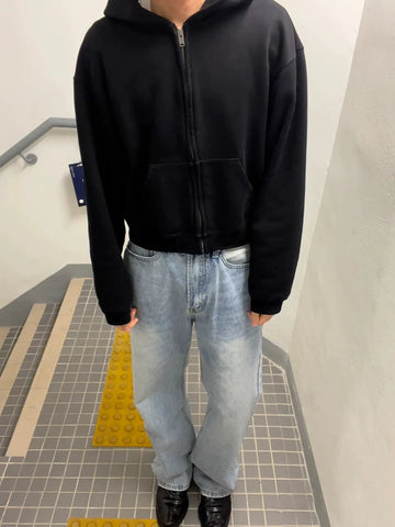 From the street kanye solid color heavy hooded short wide hoodie American high street Boxy cardigan sweater men