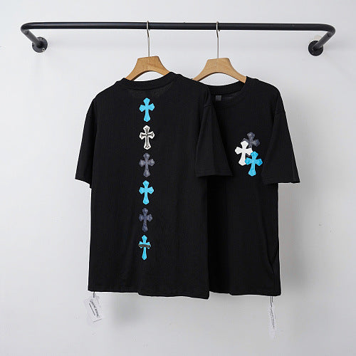 Chrome Hearts Vertical Gradient Blue Cross Short Sleeve T-Shirt (Black)