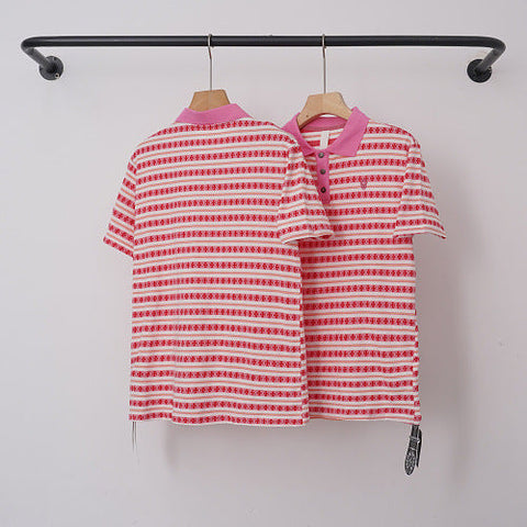 Chrome Hearts Monogram Striped Short Sleeve Polo Shirt (Pink/White)