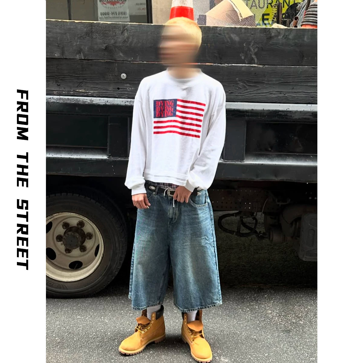 From the street, American casual print texture, Waffle plaid, heavy weight, short width, loose fit, men's and women's long sleeved base T-shirt, men's