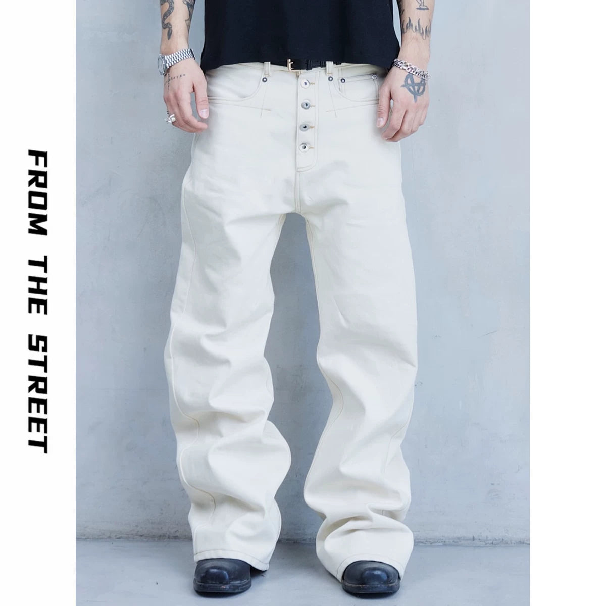 From The SRREET, a retro street washed distressed five button high ounce original denim jeans for men