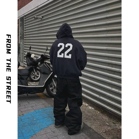 From THE STREET: Street Warrior, Embroidered, Bruveled, Washed, Used, Zippered, Loose Hooded Hoodie