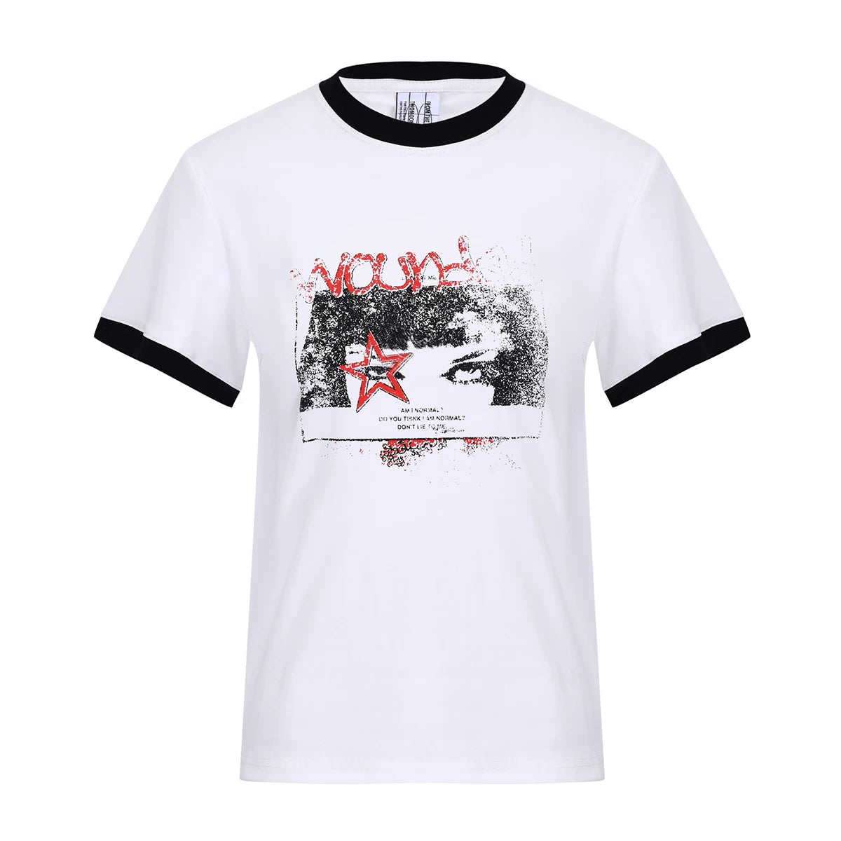 From Street American Retro Splicing Threaded Printed Tight Fit T-shirt Heavy Weight Round Neck Short Sleeve Top for Men and Women