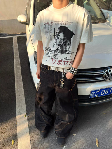 TSAOOJ Seven Samurai Retro White Ink Direct Spray Printed Heavy Short Sleeve T-shirt Top Cleanfit Style