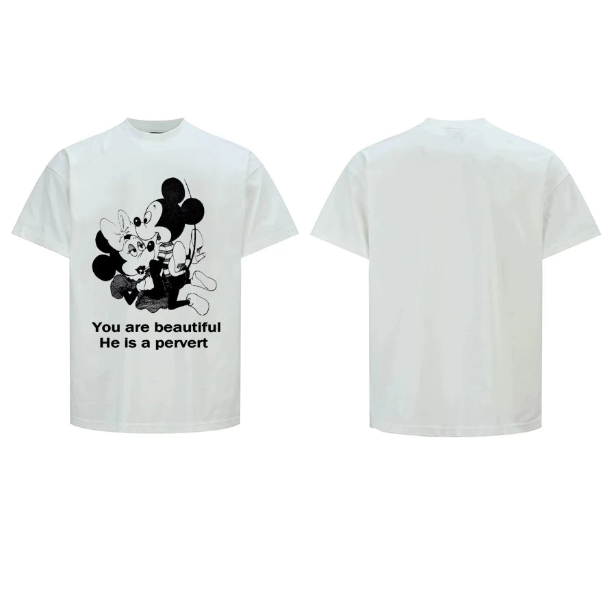 Mickey, Minnie, parody printed American cartoon Mickey Mouse short sleeved vintage T-shirt for men and women from the street