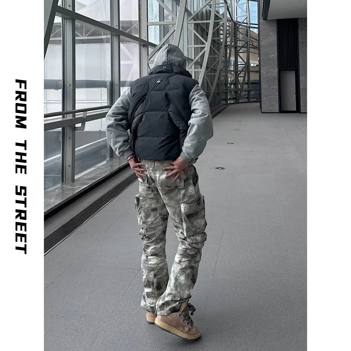 From Street American Street Snowflake Camouflage 3D Multi Pocket Zipper Work Pants Loose Straight Leg Wide Leg Pants