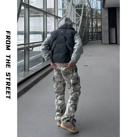 From Street American Street Snowflake Camouflage 3D Multi Pocket Zipper Work Pants Loose Straight Leg Wide Leg Pants