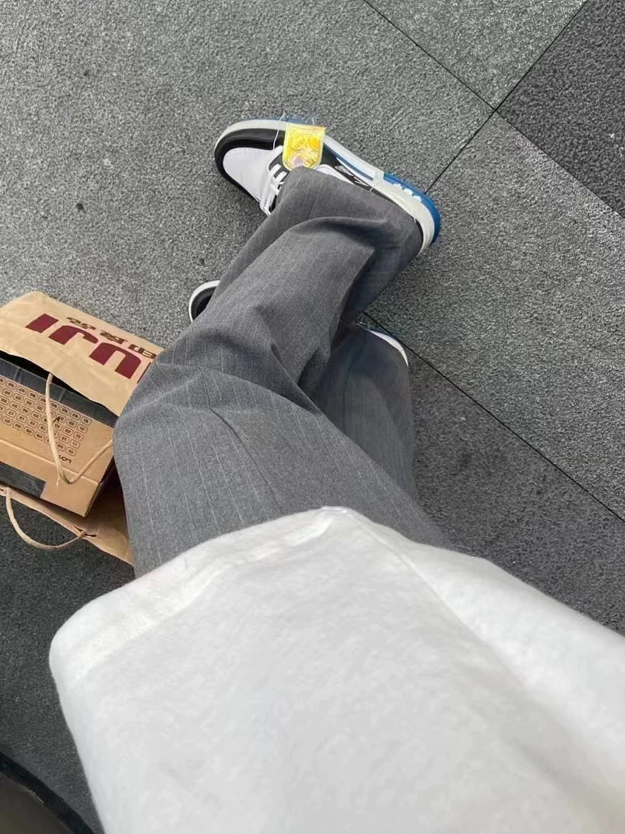 Summer TR color spun high weight micro pull three-dimensional loose hanging striped elastic light gray trousers for men from the street