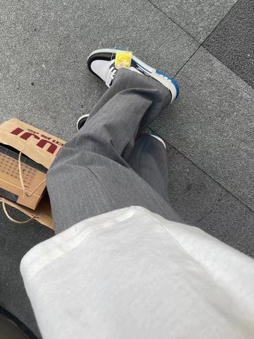 Summer TR color spun high weight micro pull three-dimensional loose hanging striped elastic light gray trousers for men from the street