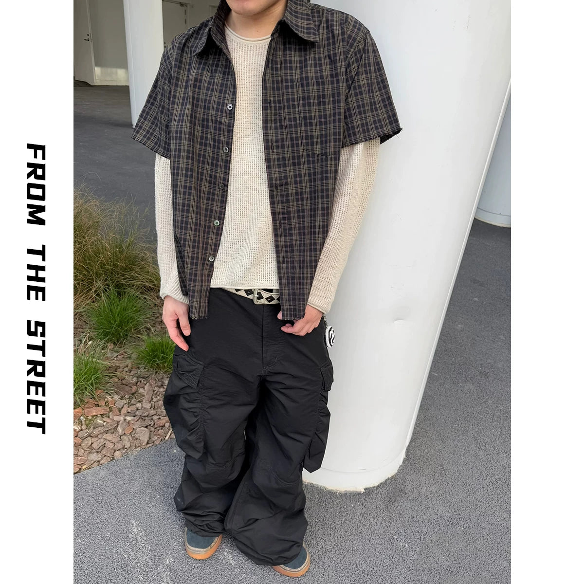 From THE STREET, retro streetwear, checkered short sleeved shirt, men's summer collar shirt, men's