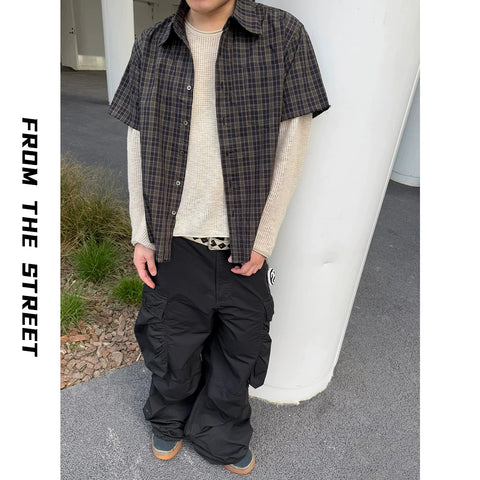 From THE STREET, retro streetwear, checkered short sleeved shirt, men's summer collar shirt, men's