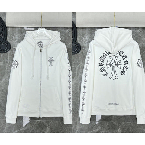 Chrome Hearts Cross Sleeve & Large Back Cross Zip-Up Hoodie (White)