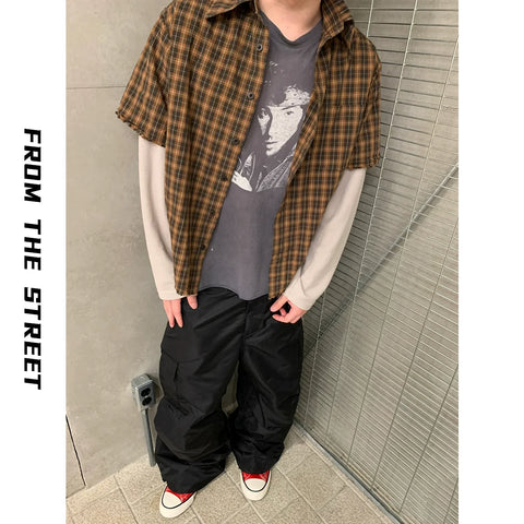 From THE STREET, a street style American plaid fake two-piece shirt, men's loose top