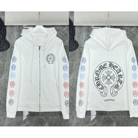 Chrome Hearts Gradient Cross Sleeve & Horseshoe Zip-Up Hoodie (White)