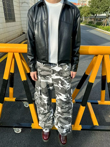 Black and white camouflage denim spliced waist, multi pocket shell pants, cargo pants, work pants for men from the street