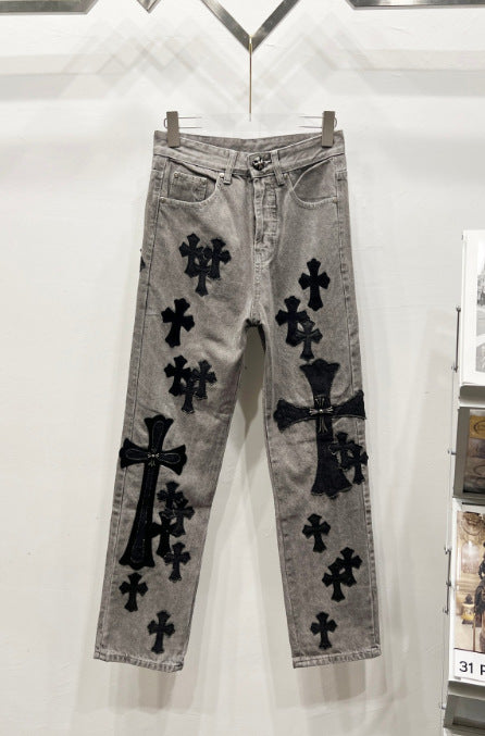 Chrome Hearts Gray & Black Large and Small Cross Patch Denim Jeans